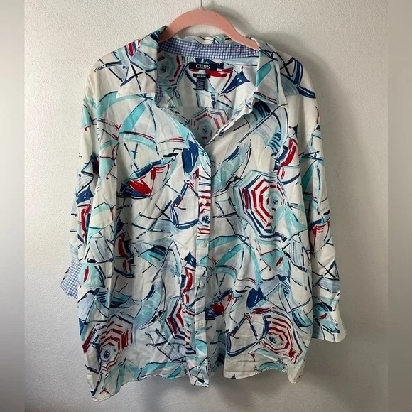 CHAPS No Iron/ Beach Nautical/ Patriotic/ Cuff Sleeve Button Down Blouse Sz XXL - Picture 1 of 4